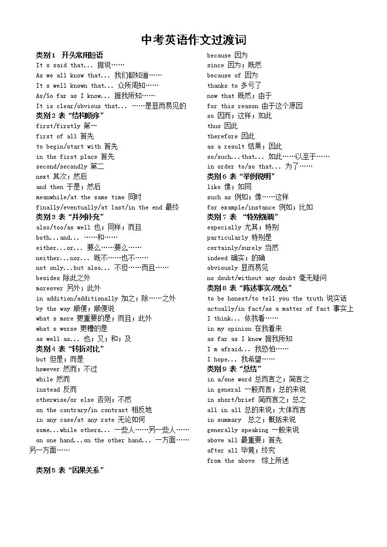 初中英语中考作文过渡词和同义表达汇总（共9类30组）第1页
