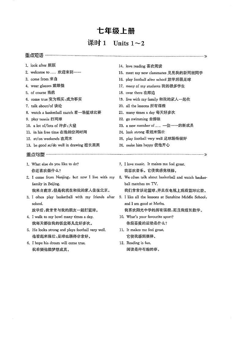 2022年中考英语复习短语、句型归纳（7A、7B）第1页