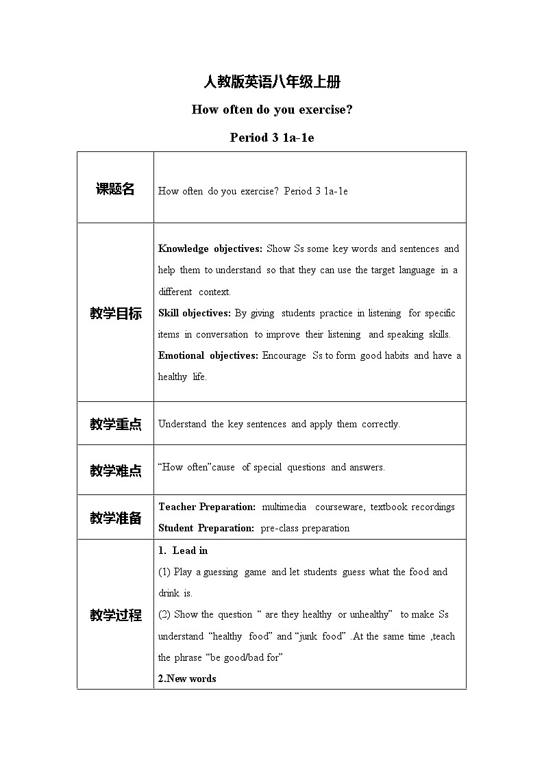 Unit 2 How often do you exercise？Section B 1a-1e 课件+教案+练习01