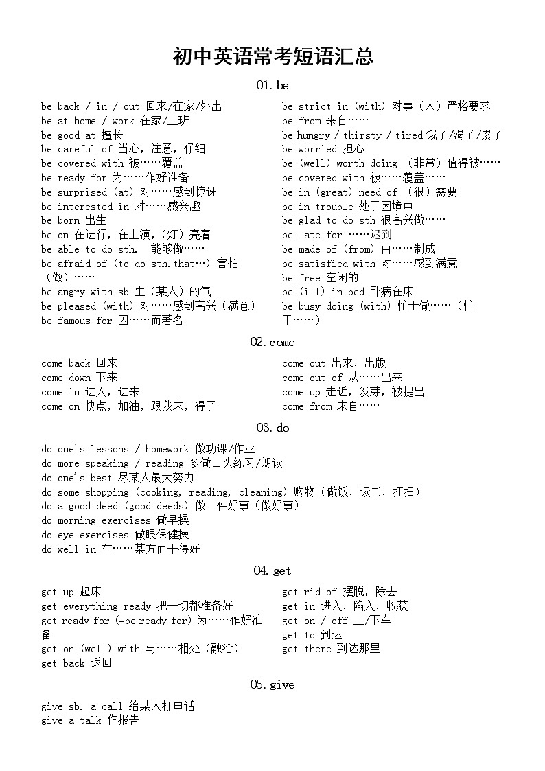 初中英语中考常考短语汇总（共十八类）01