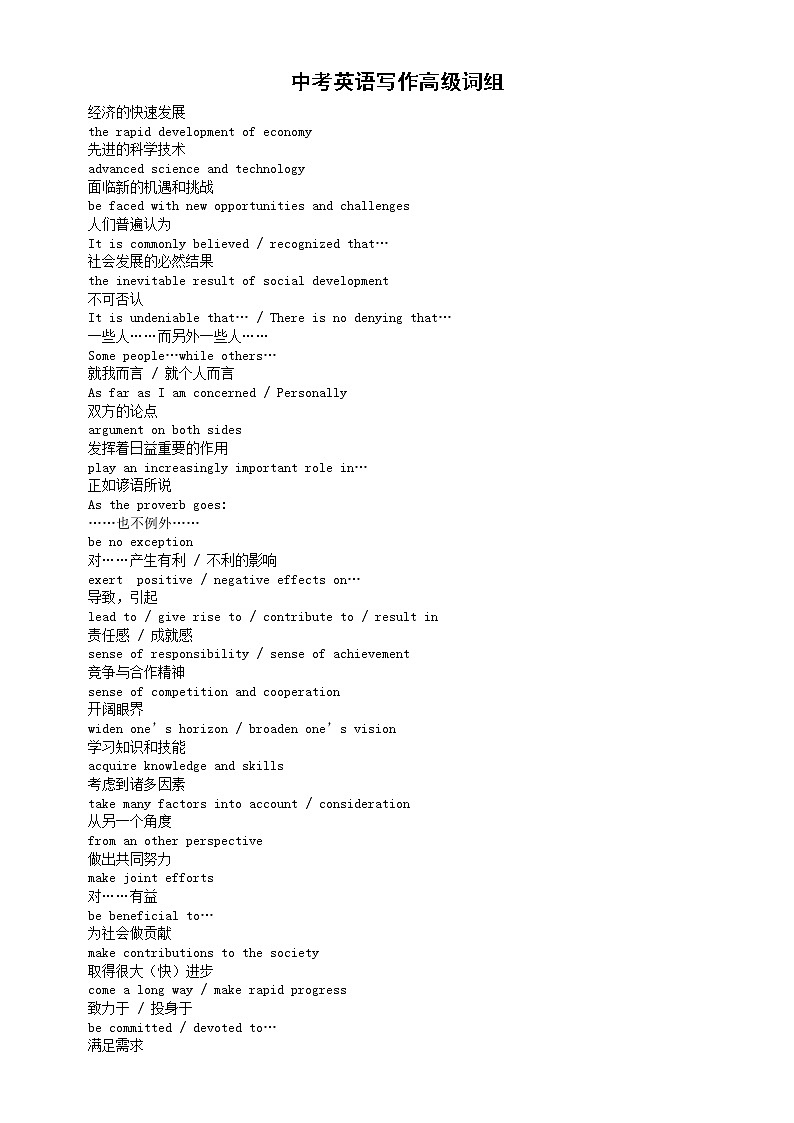 初中英语中考写作高级词组汇总第1页