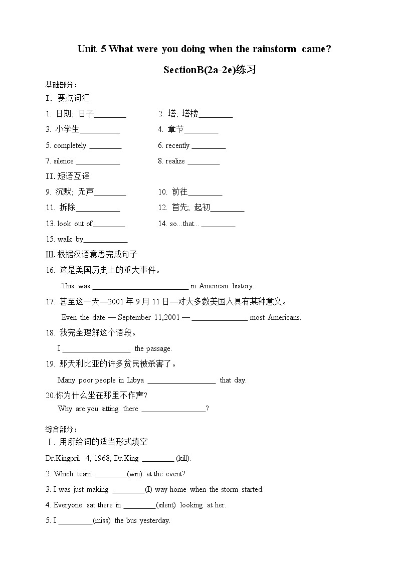 人教版英语八年级下册 Unit 5 What were you doing when the rainstorm came.SectionB(2a-2e) 同步练习01