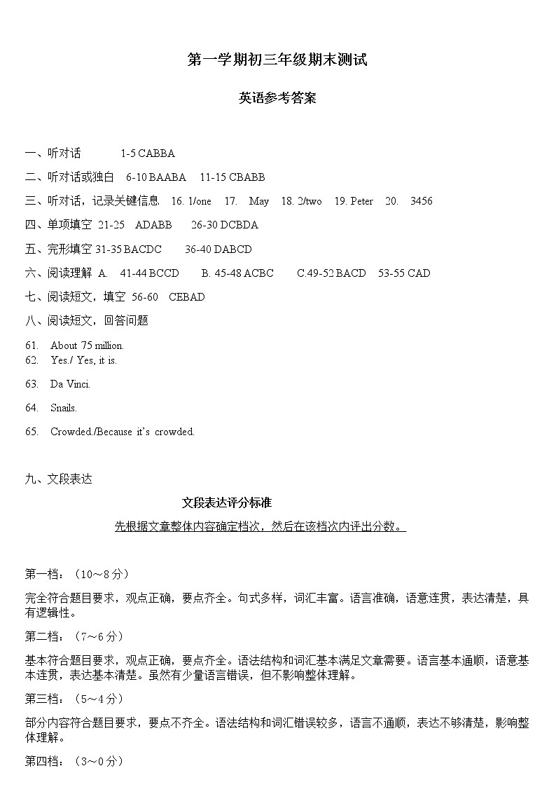 九年级上学期期末考试英语试题答案第1页