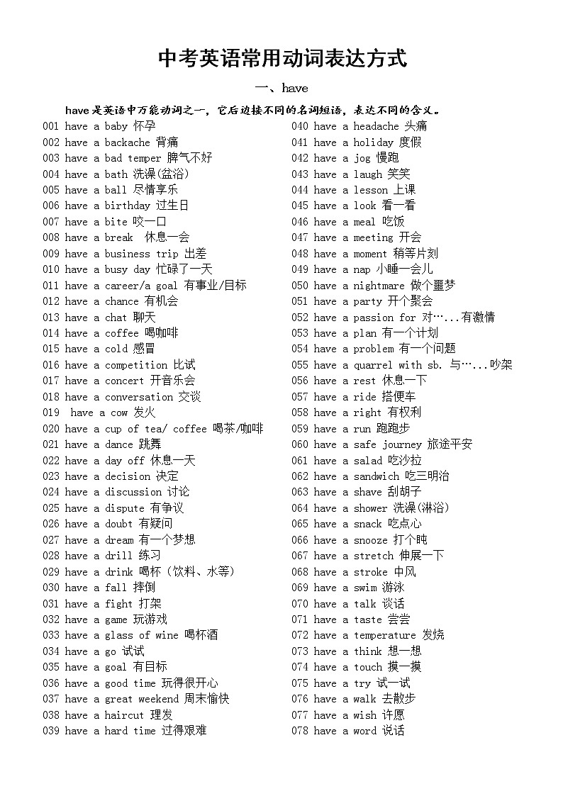 初中英语中考常用动词表达方式汇总（have+ get）01