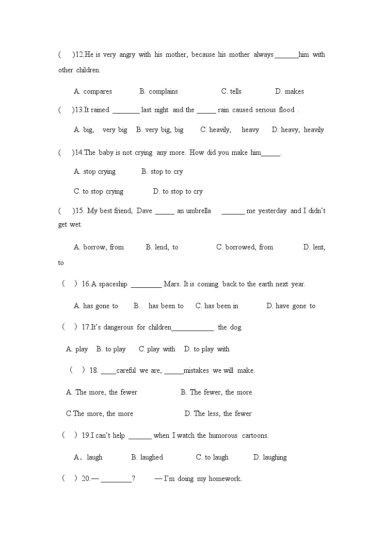 2019-2020学年新疆维吾尔自治区巴音郭楞蒙古自治州和静县第四中学八下期中英语试卷（无答案，无听力音频，无听力原文）第2页