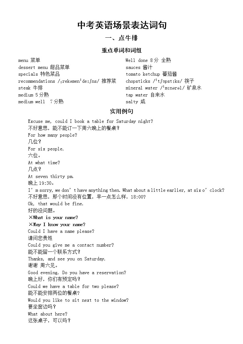 初中英语中考作文场景表达词汇汇总（点牛排+看病）第1页