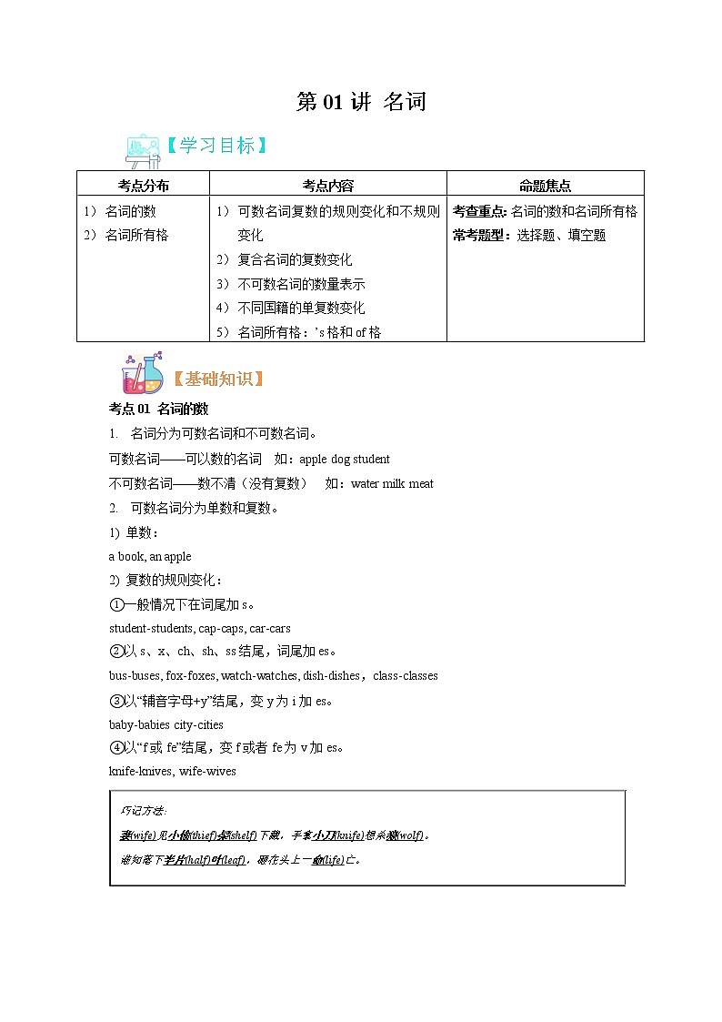 第01讲  名词（练习版）-【暑假自学课】2022年新七年级英语暑假精品课（人教版）第1页