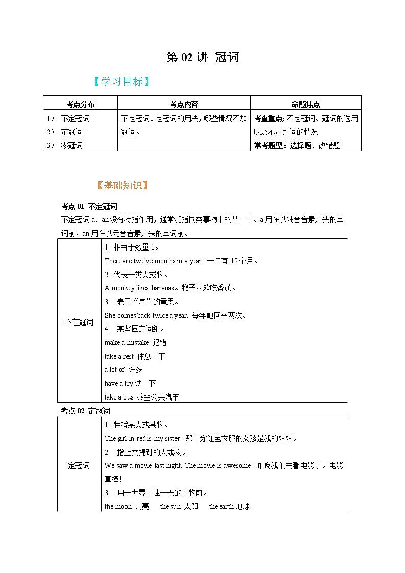 第02讲 冠词--2022年新七年级英语暑假预习专题讲解（人教版，含解析）01