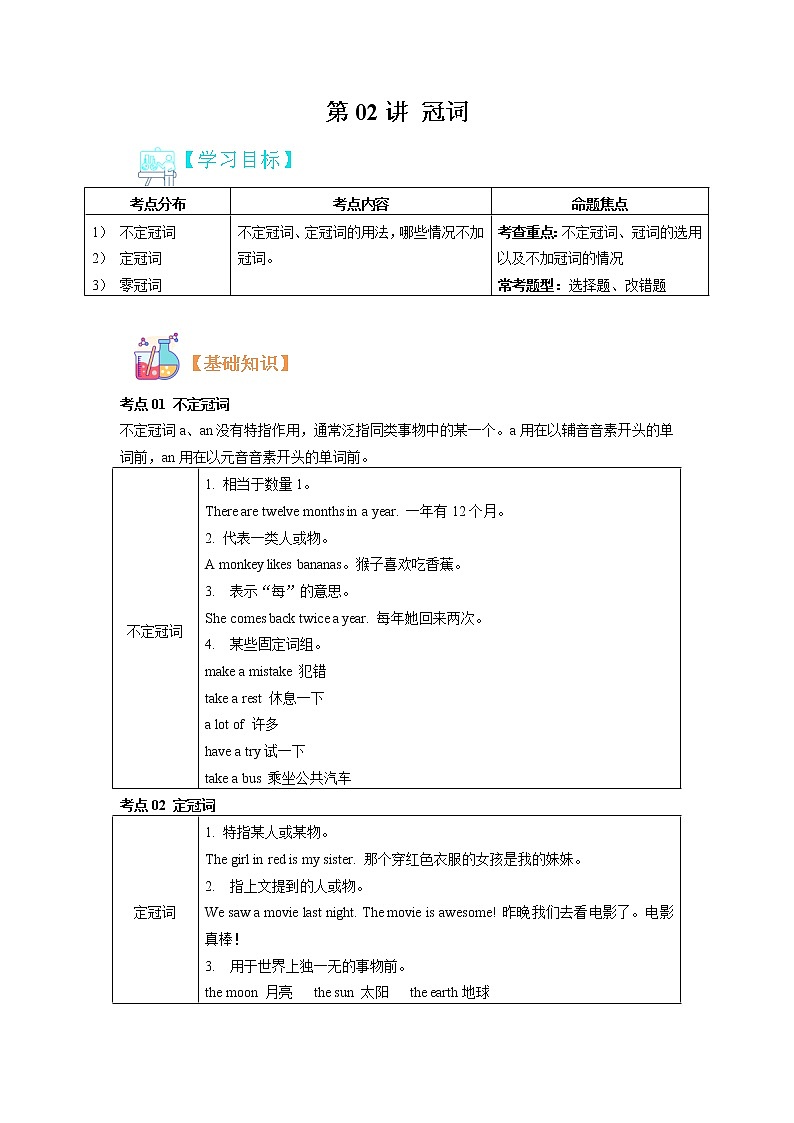 第02讲 冠词--2022年新七年级英语暑假预习专题讲解（人教版，含解析）01