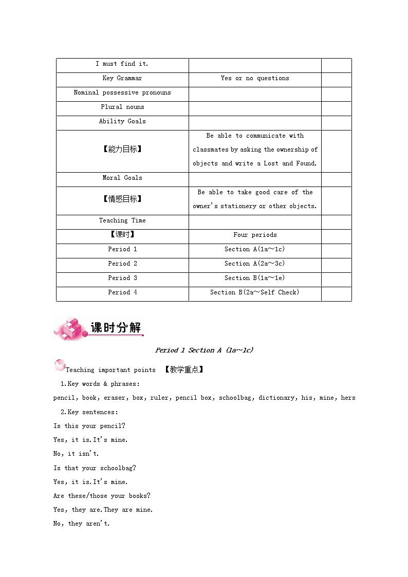 人教版七年级英语上册unit 3 is this your pencil period1 sectiona（1a-1c）教案02