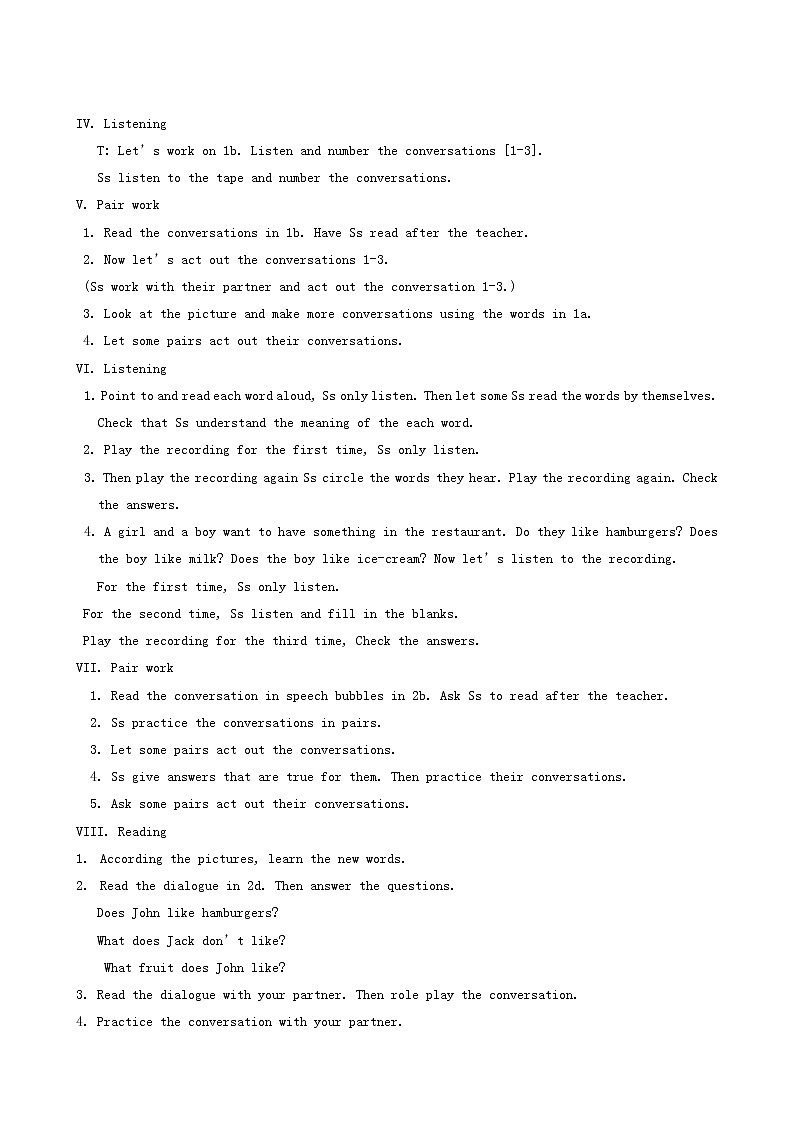 人教版七年级英语上册unit 6 do you like bananas教案03