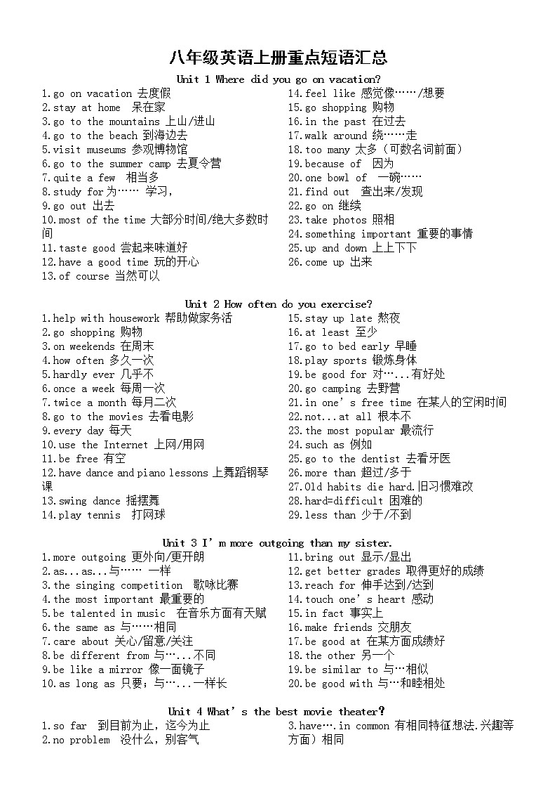 初中英语人教版八年级上册全册重点短语汇总（分单元编排）第1页