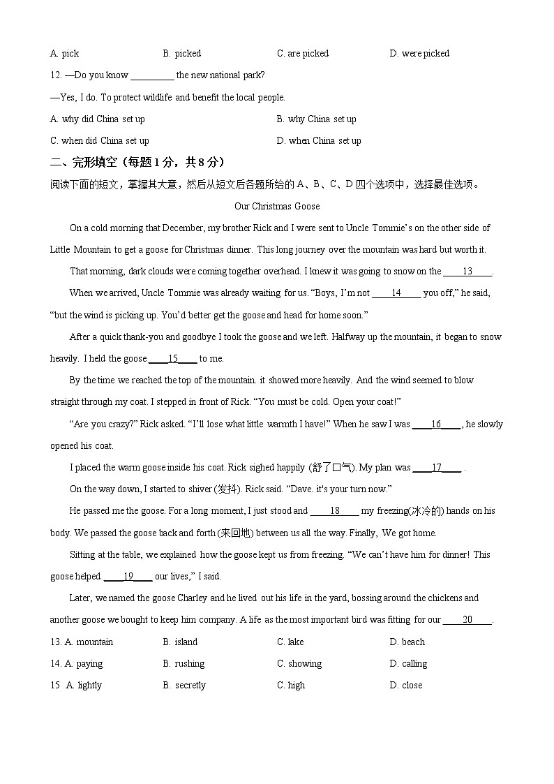 2022年北京市中考英语真题卷及答案（文字版、无听力）02
