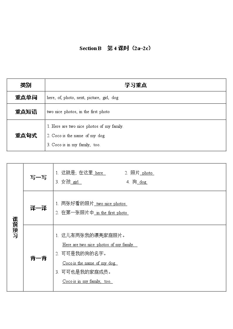 2022年人教新目标版七年级上册英语Unit 2 第4课时教案第1页