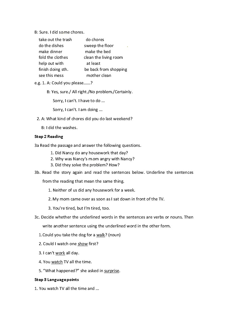 八年级英语下册教案：Unit3 Could you please clean your room Section A 2 (3a – 3c)02