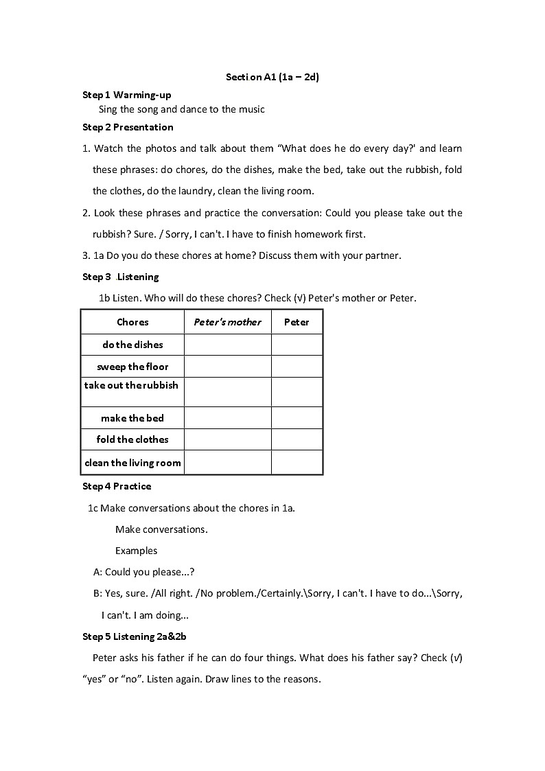 八年级英语下册教案：Unit3 Could you please clean your room Section A1 (1a – 2d)02