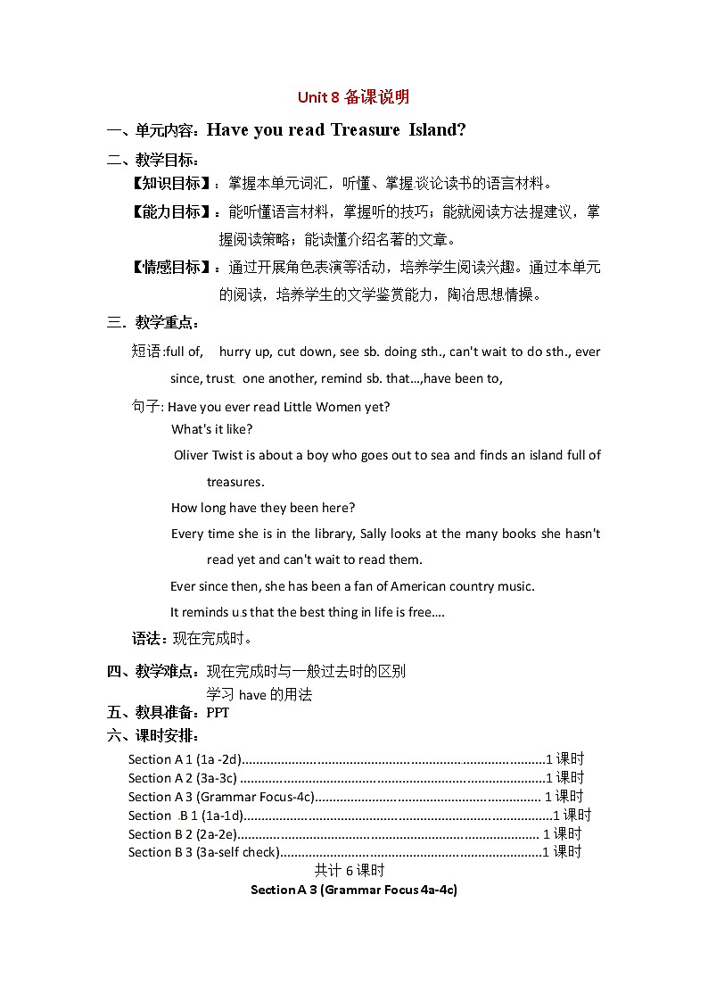 八年级英语下册教案：Unit8 Have you read Treasure Island Section A 3 (Grammar Focus 4a-4c)01