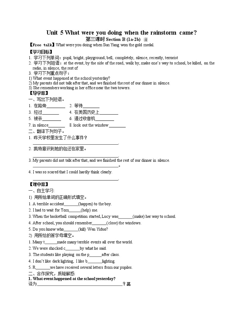 人教版（八下）英语导学案Unit 5  What were you doing when the rainstorm came第三课时Section B (1a-2b)01