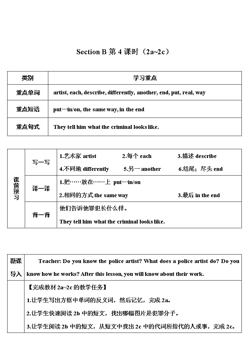 人教新目标版七年级下册英语  unit 9    Section B第4课时（2a~2c）教案01