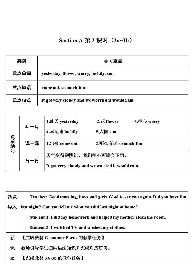 人教新目标版七年级下册英语  unit 11    Section A第2课时（3a~3b）教案第1页