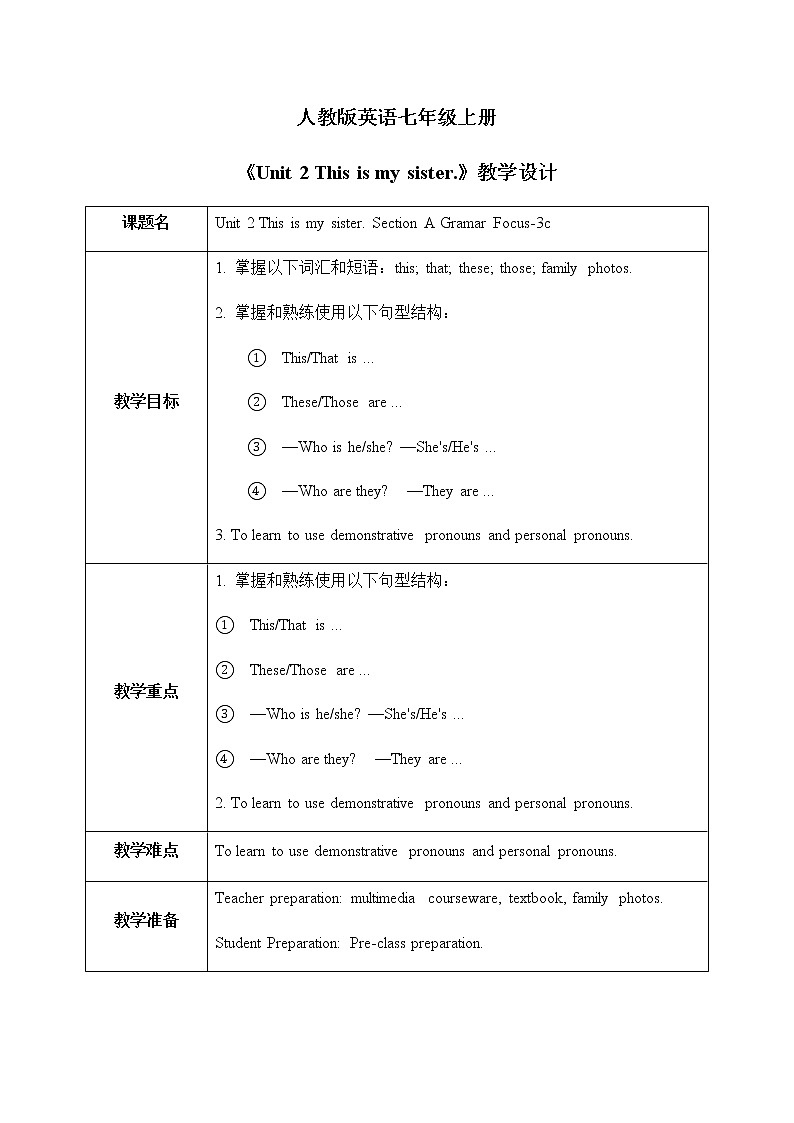 Unit 2 This is my sister.Section A (Gramar Focus-3c)课件+教案01