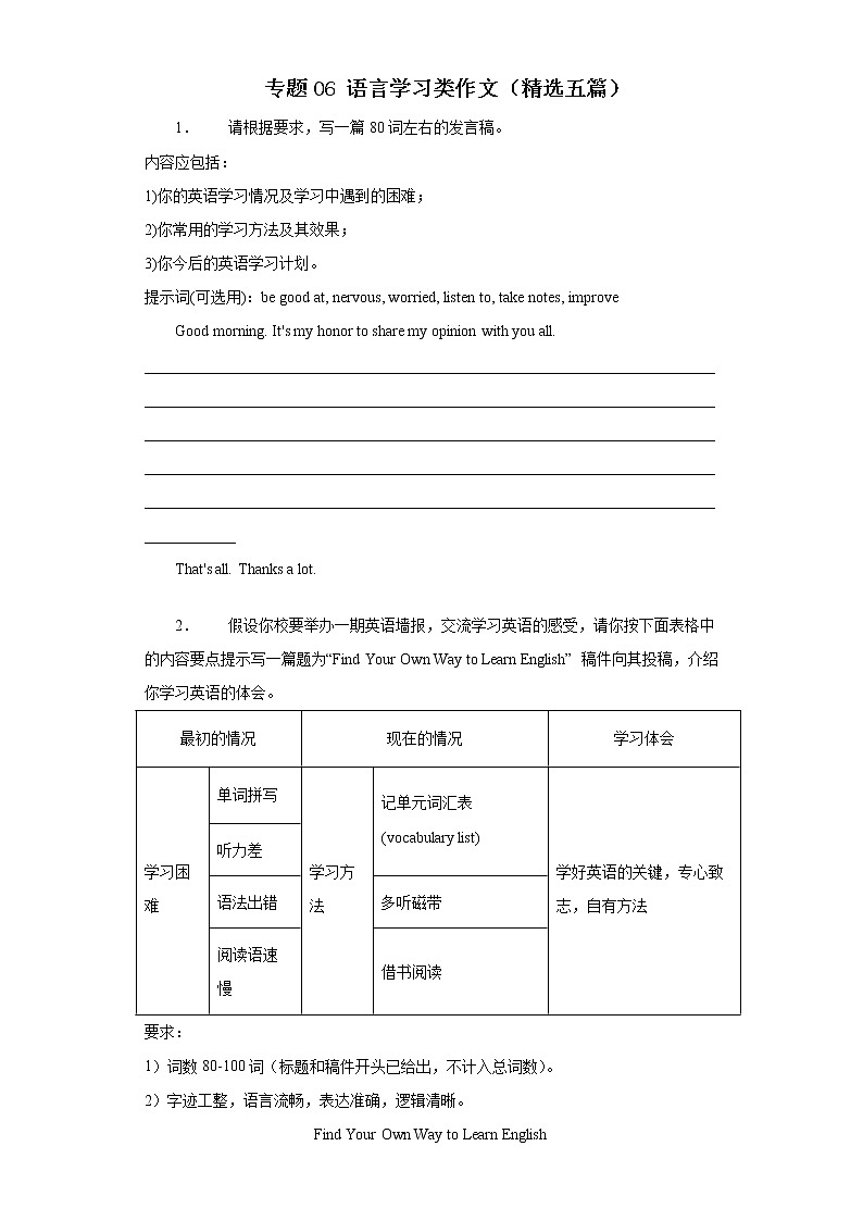专题06 英语学习 中考英语作文话题写作范文大全（通用版）第1页