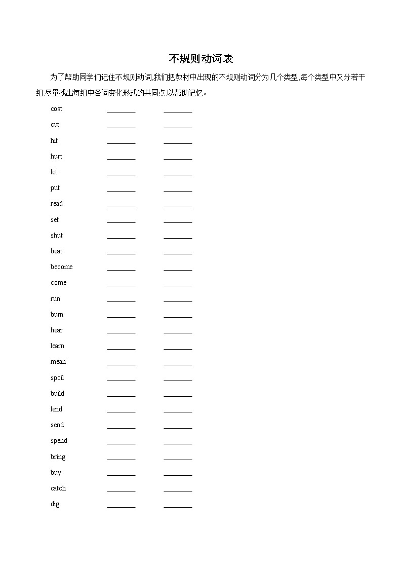 专题19 动词过去式过去分词不规则变化表（测试版）第1页