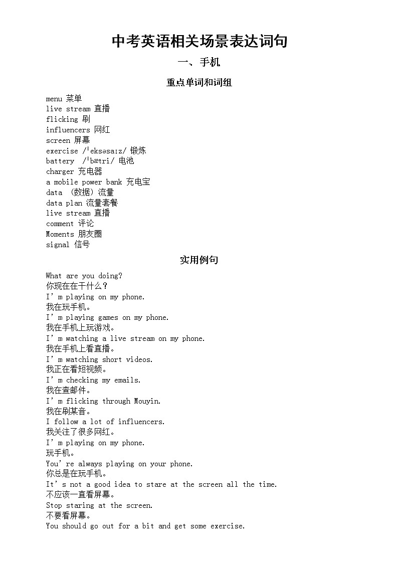 初中英语中考复习相关场景表达词句汇总（手机+点外卖）第1页