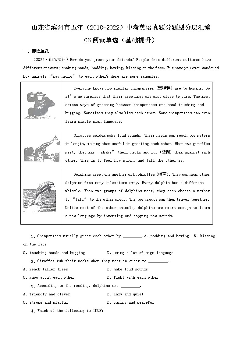 山东省滨州市五年（2018-2022）中考英语真题分题型分层汇编-06阅读单选（基础提升）01