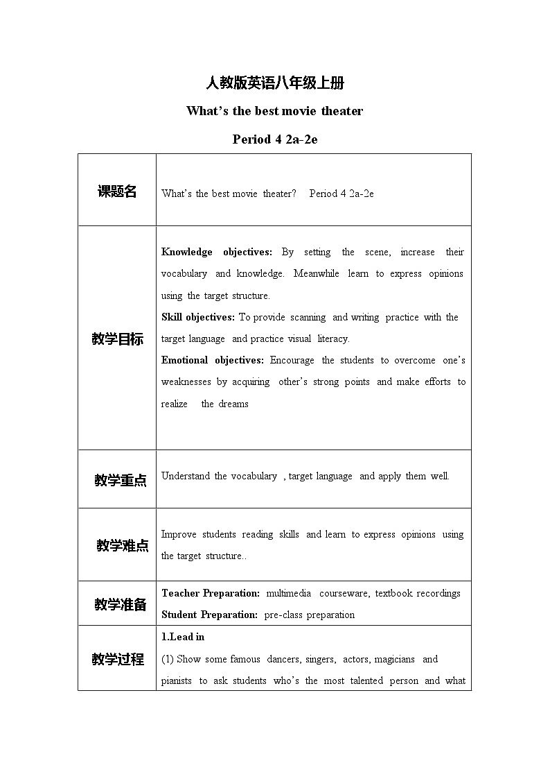 unit 4 What's the best movie theater？ Section B 2a-2e 课件+教案+练习01