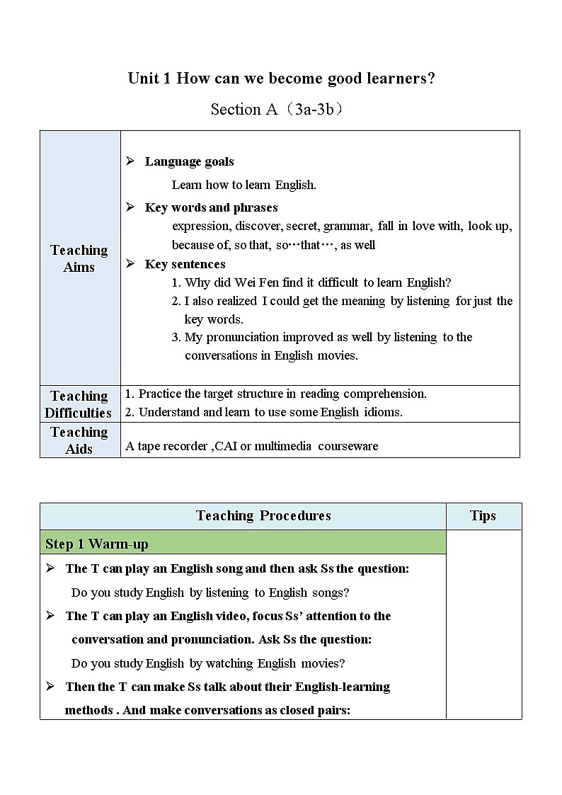 Unit 1 Section A（3a-3b）教案 第1页