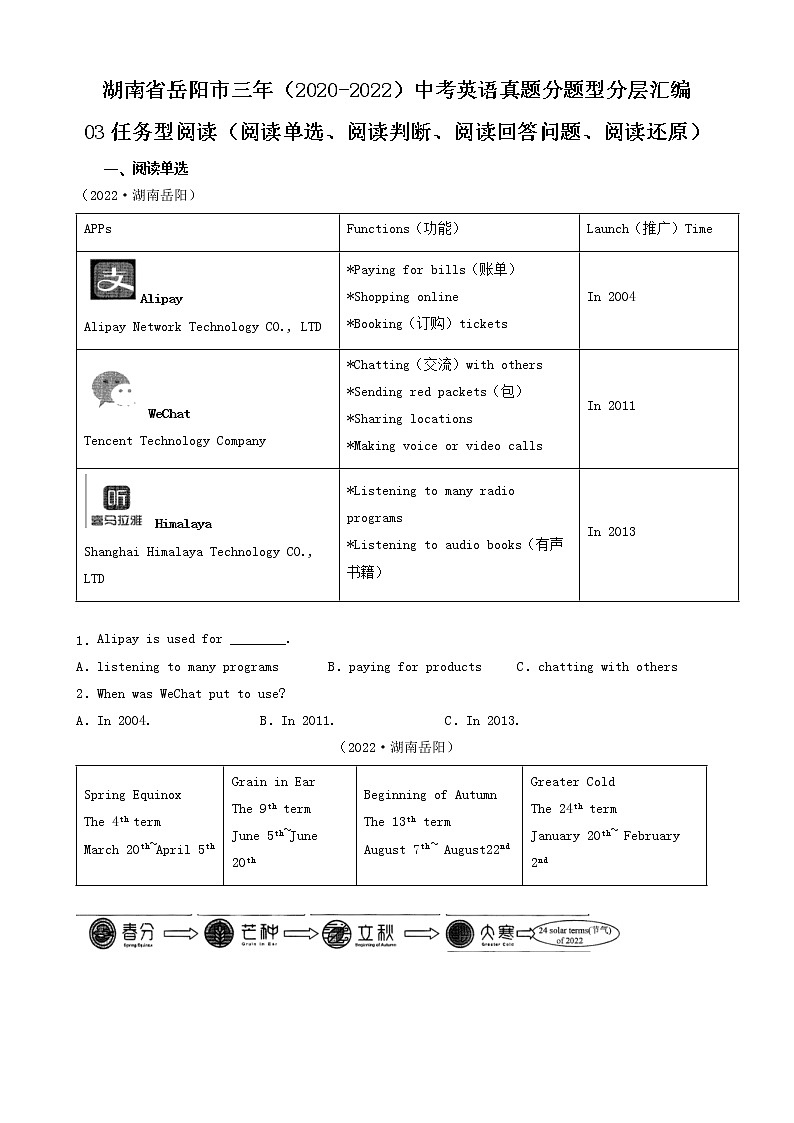 湖南省岳阳市三年（2020-2022）中考英语真题分题型分层汇编-03任务型阅读（阅读单选、阅读判断、阅读回答问题、阅读还原）第1页
