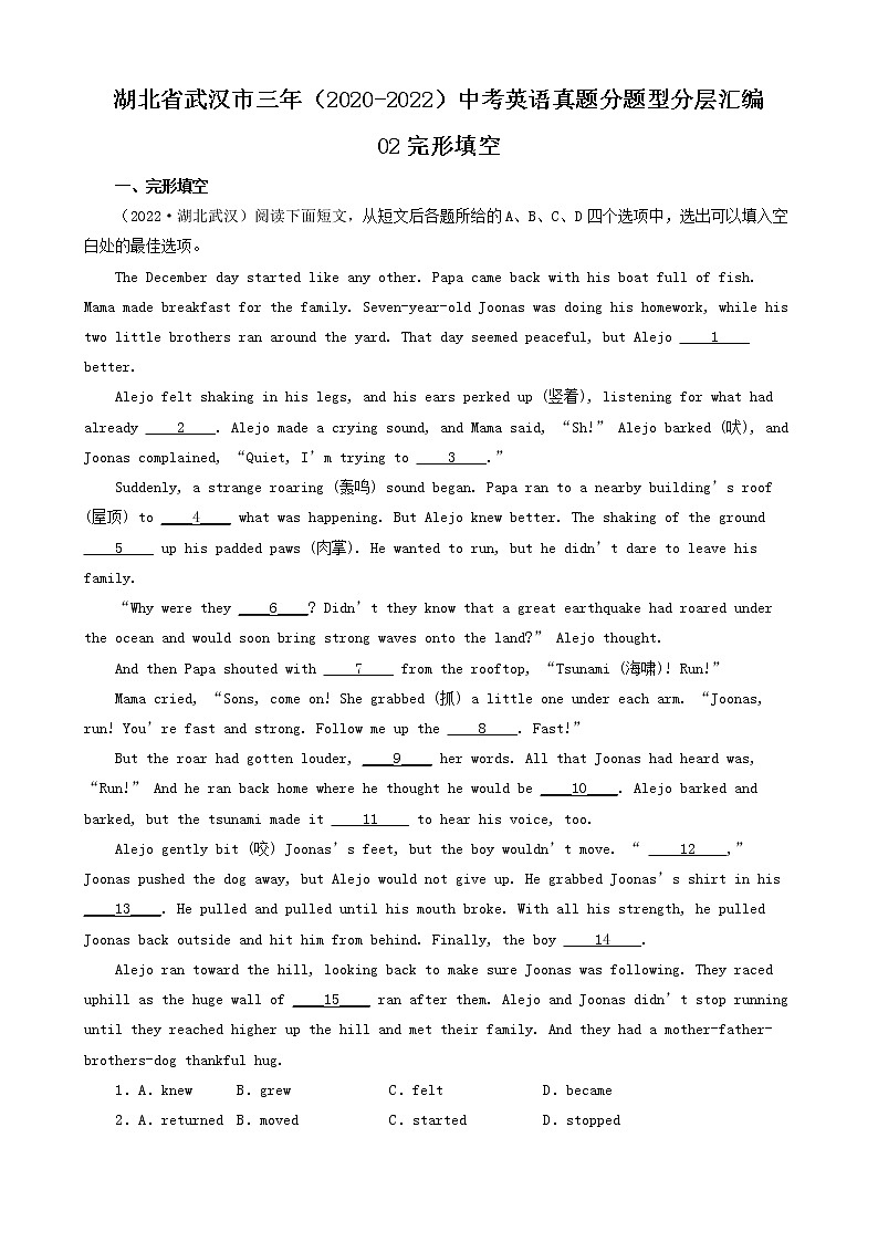 湖北省武汉市三年（2020-2022）中考英语真题分题型分层汇编-02完形填空第1页