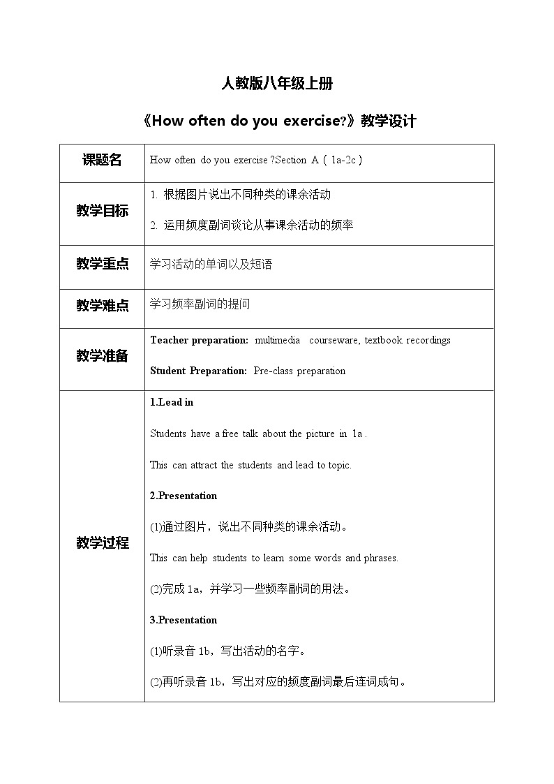 人教版新目标8上Unit 2 Section A（1a-2c）课件PPT+教案01