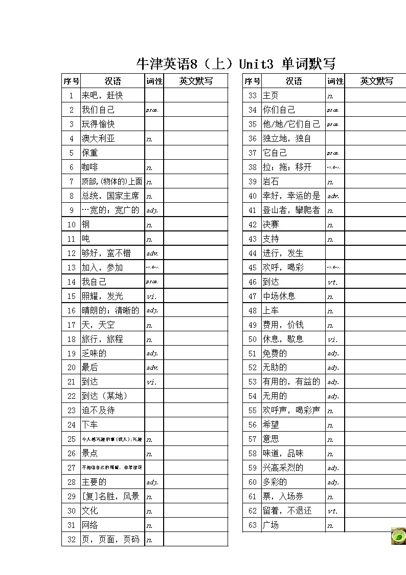 译林版英语八年级上册unit1-8单词默写无答案第3页