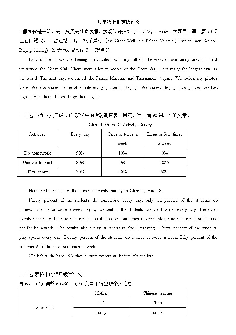 人教版八年级上册各单元话题作文01