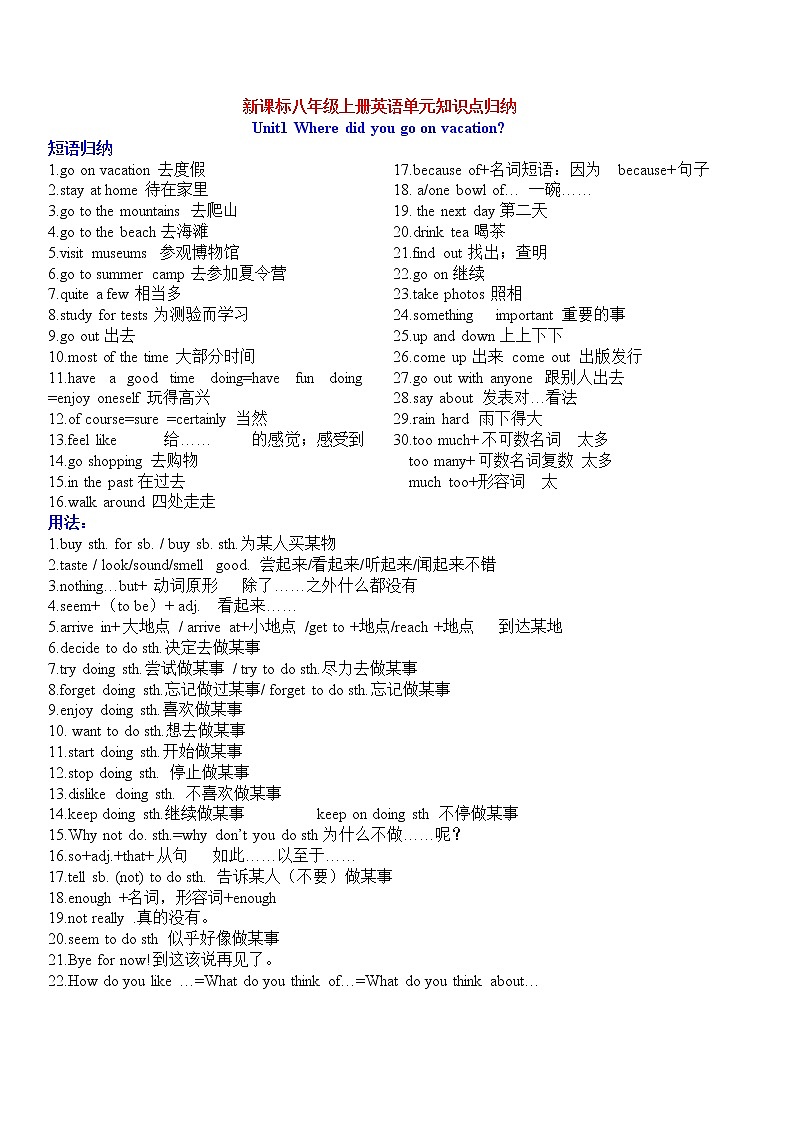 人教版八年级上册单元知识点归纳01