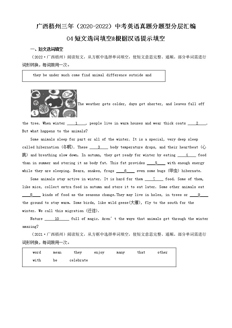 广西梧州三年（2020-2022）中考英语真题分题型分层汇编-04短文选词填空&根据汉语提示填空01