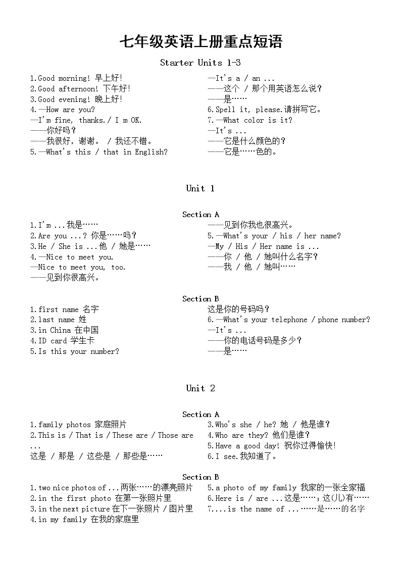 初中英语人教新目标七年级上册重点短语汇总（分单元编排）第1页