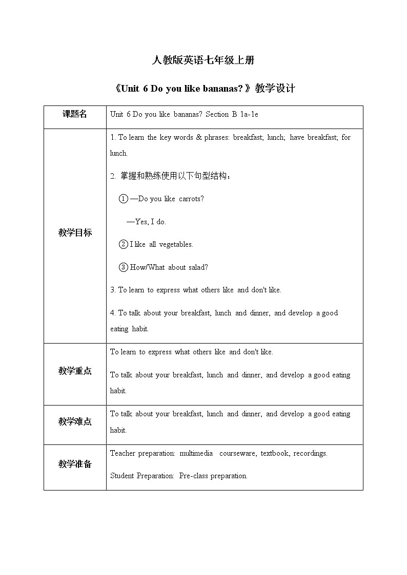 Unit 6 Do you like bananas Section B 1a-1e课件+教案+音频01
