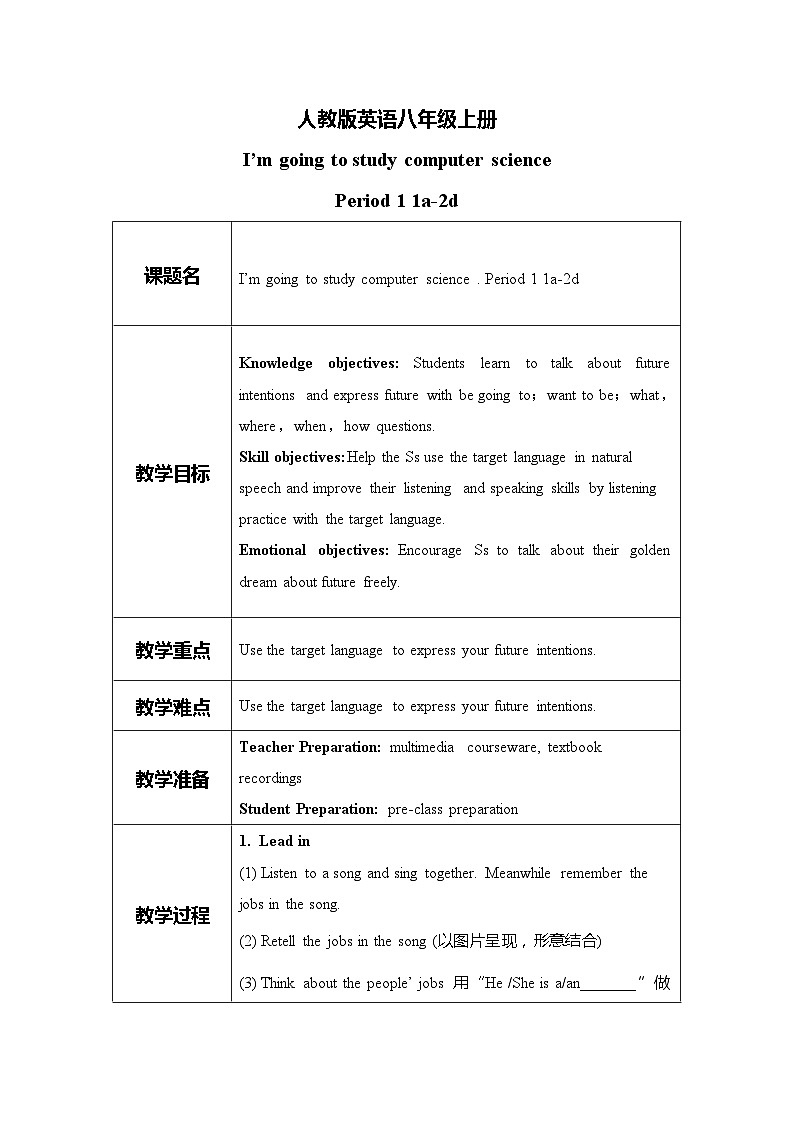 unit 6 I'm going to study computer science. Section A 1a-2d 课件+教案+练习01