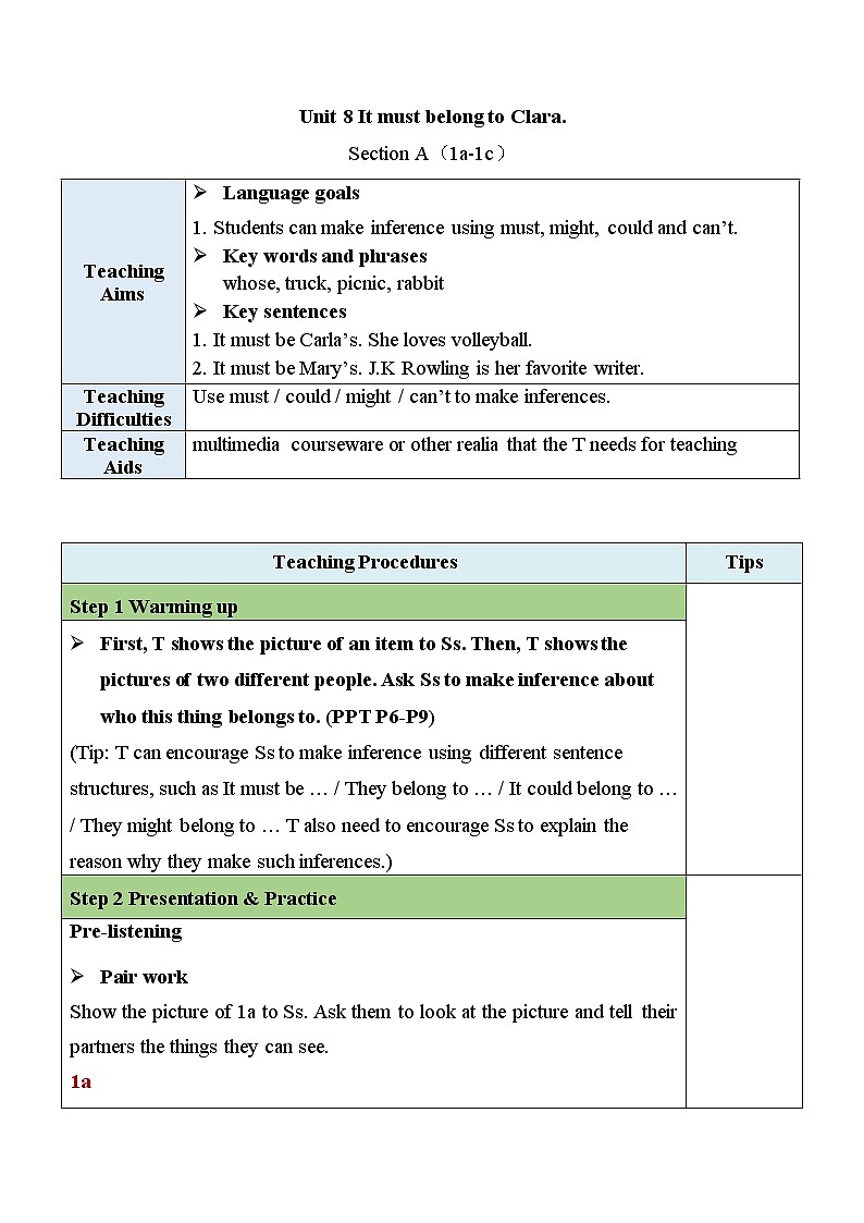 Unit 8 Section A（1a-1c）教案第1页