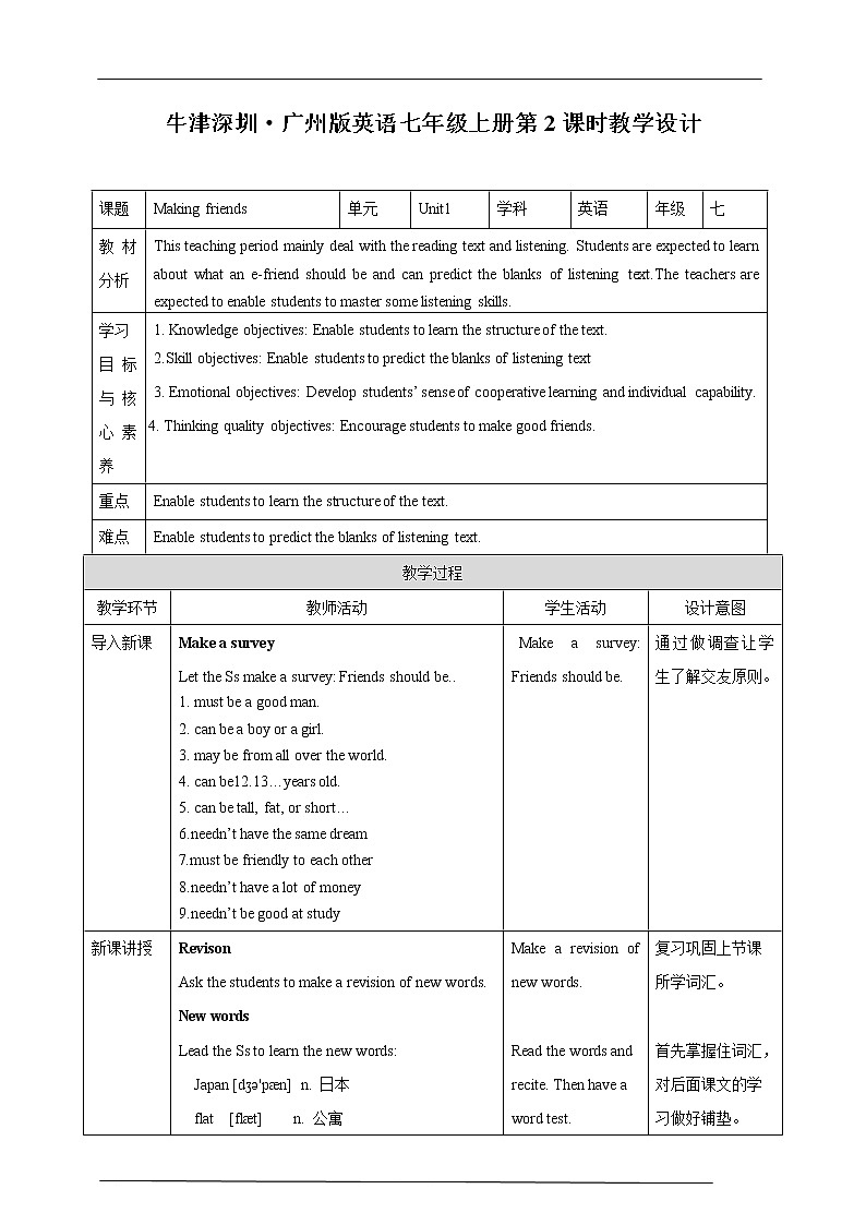 牛津深圳广州版7年级上册英语Unit 1 Making friends第2课时Reading Ⅱ and listening 教案01
