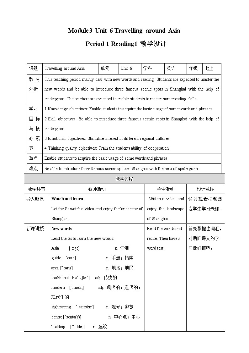 牛津深圳广州版7年级上册英语Unit 6 Travelling around Asia第1课时ReadingI教案01