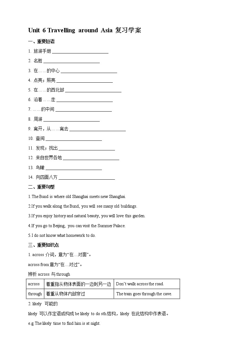 牛津深圳广州版7年级上册英语Unit 6 Travelling around Asia复习学案01