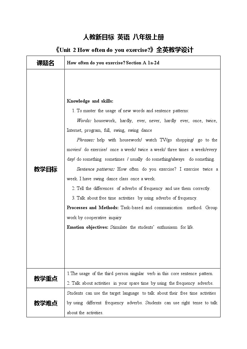 人教新目标八上英语unit2 section A 1a-2d 课课件+全英教案+素材01
