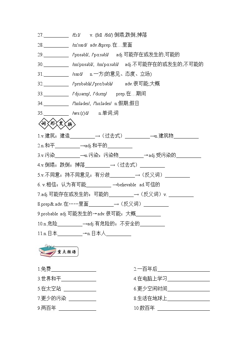 人教版英语八年级上册Unit7复习单词及词性短语句子默写 学案02