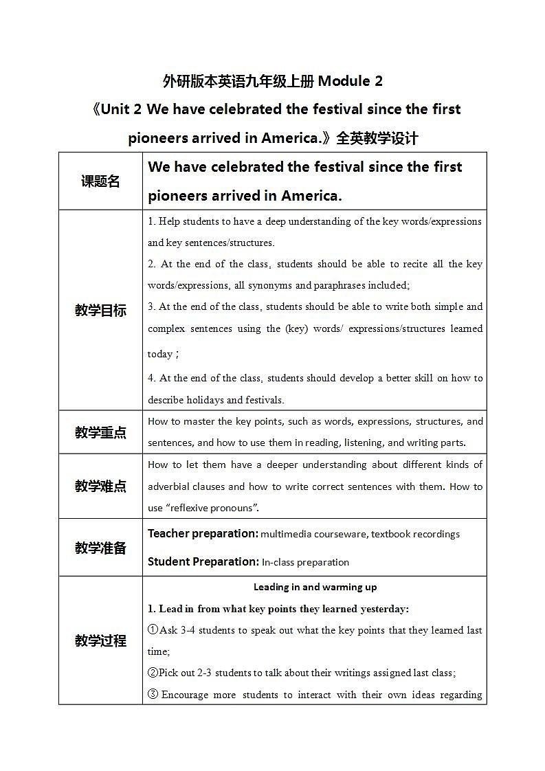 Module 2 Unit 2 We have celebrated the festival since the first pioneers arrived in America课件PPT+教案01