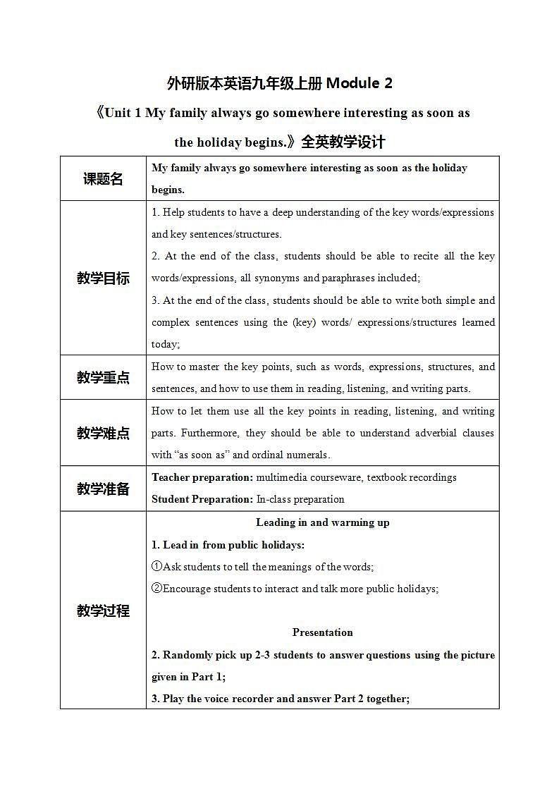Module 2 Unit 1 My family always go somewhere interesting as soon as the holiday begins课件PPT+教案01