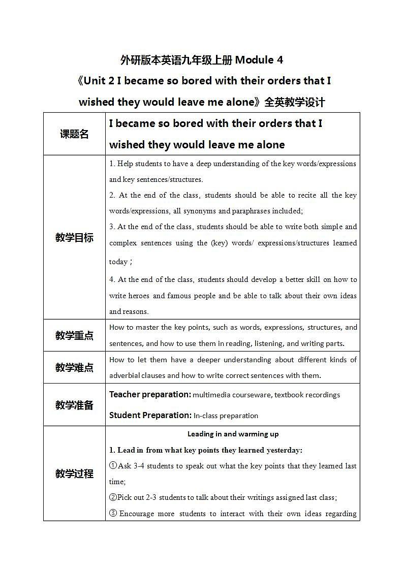 Module 4 Unit 2 I became so bored with their orders that I wished they would leave me alone课件PPT+教案01